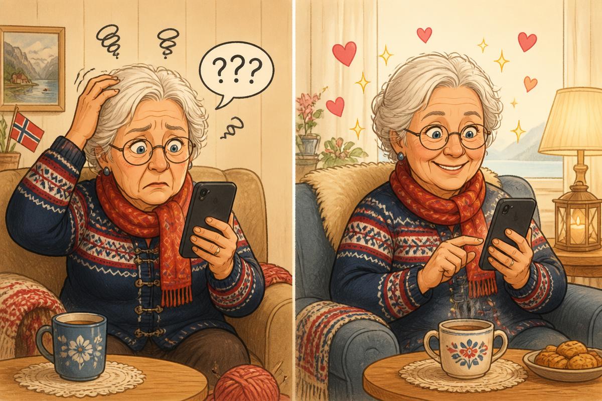 Illustrasjon: før er damen frustrert over mobilen, etter er hun rolig og trygg