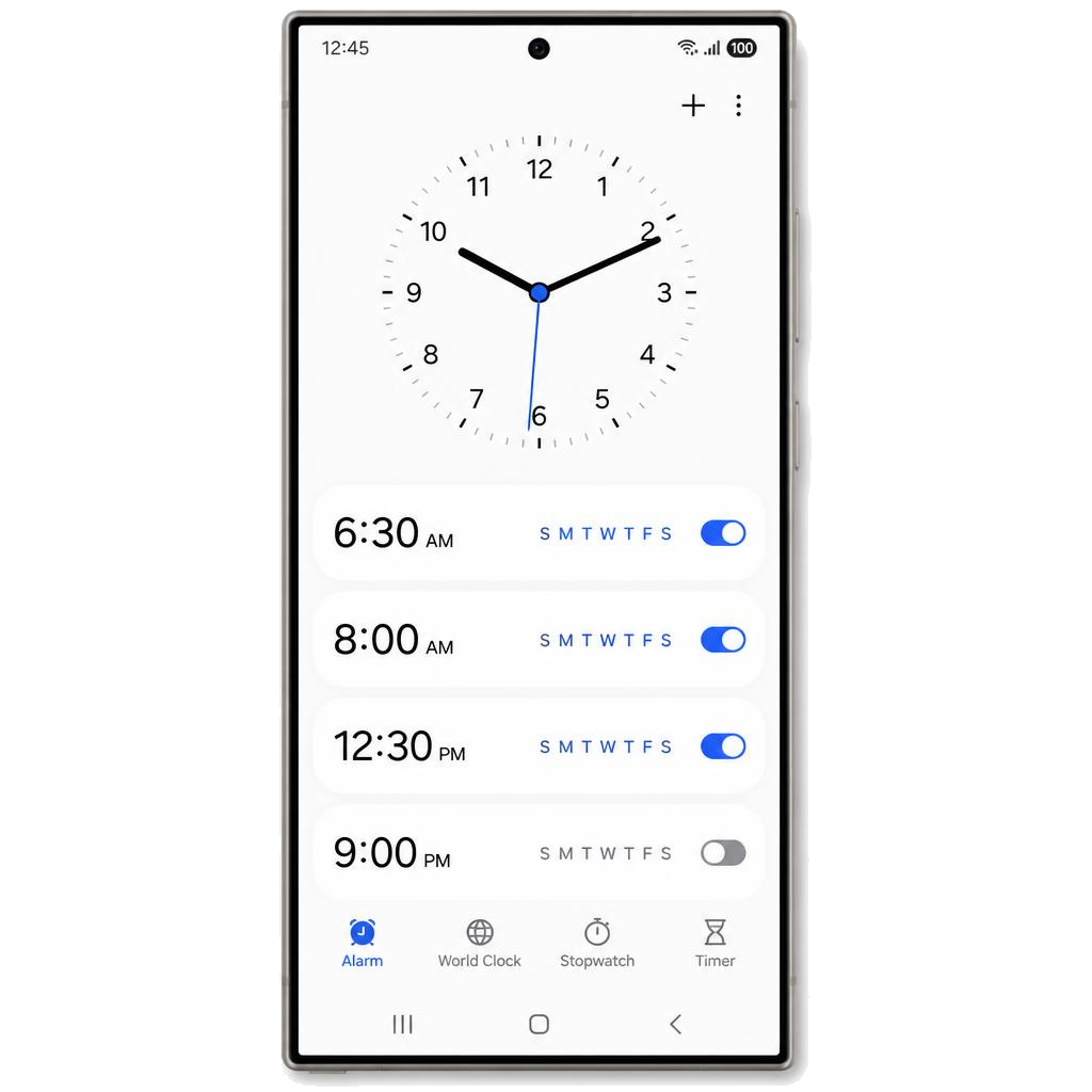Klokke, alarm og kalender (Samsung)